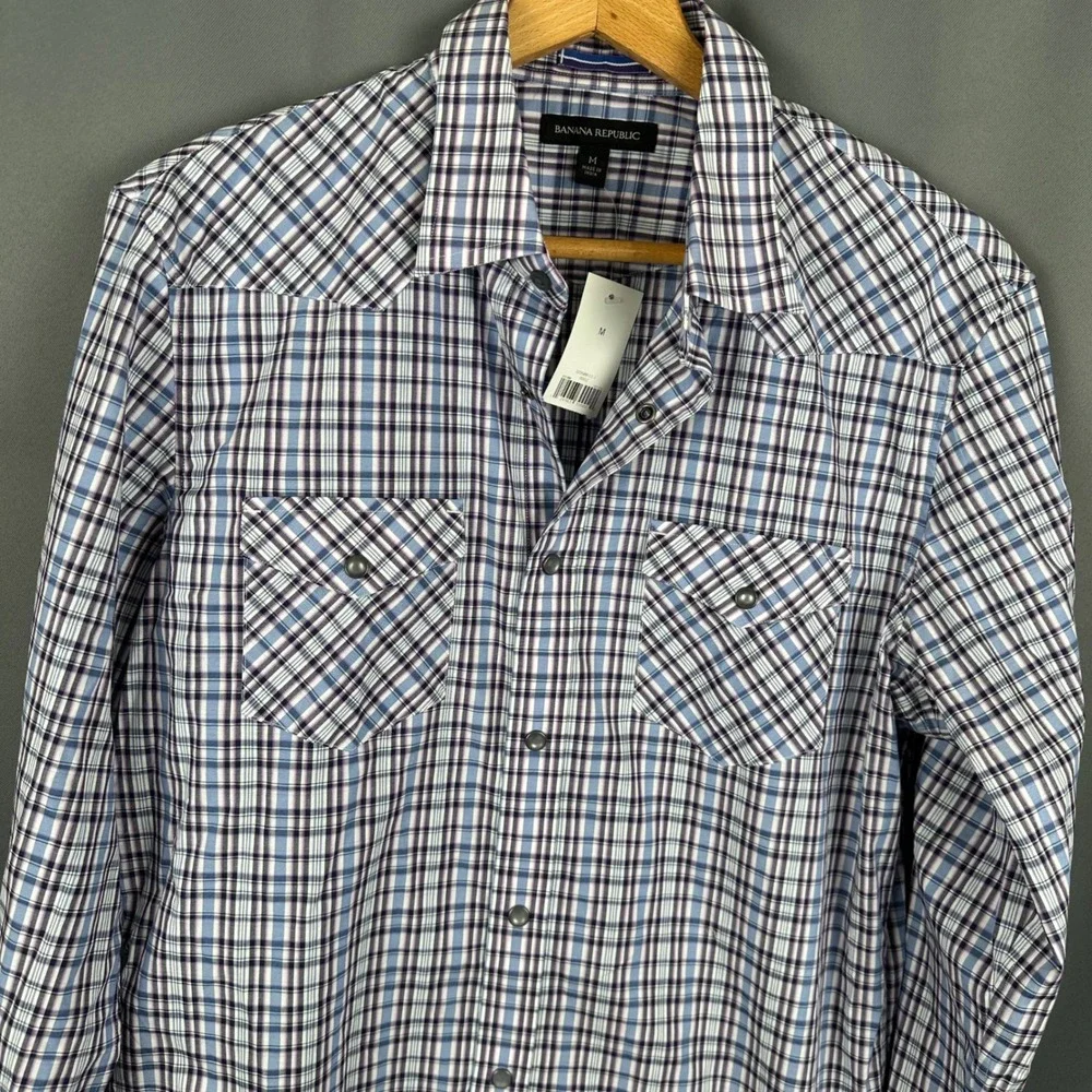 Banana Republic Mens Plaid Western Snap Front Shirt Blue Purple White Size M NWT
